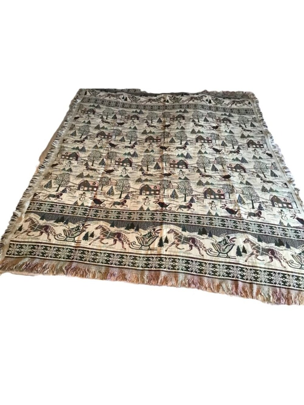 Goodwin Weavers Vtg Coming Home Winter Scene Woven Cotton Fringe Throw Blanket